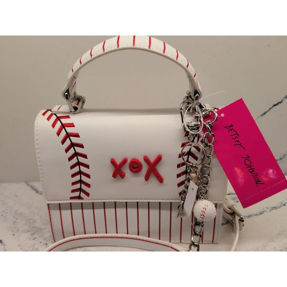 Betsey Johnson White & Red Baseball Theme Crossbody Top-Handle Bag NWT